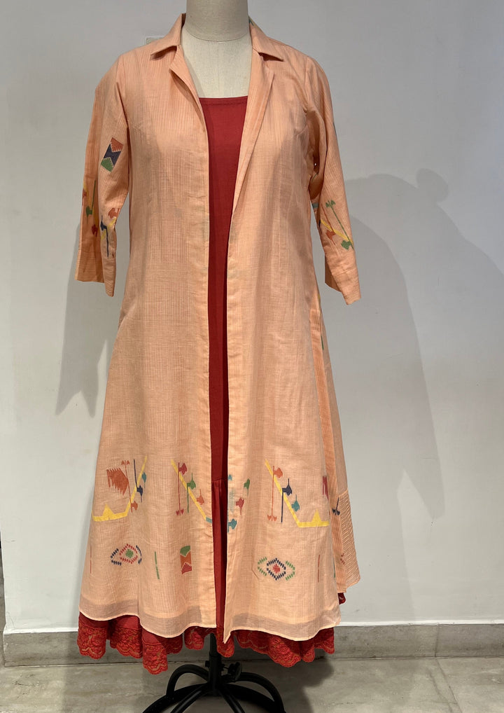 PEACH FRILL DRESS WITH JAMDANI JACKET