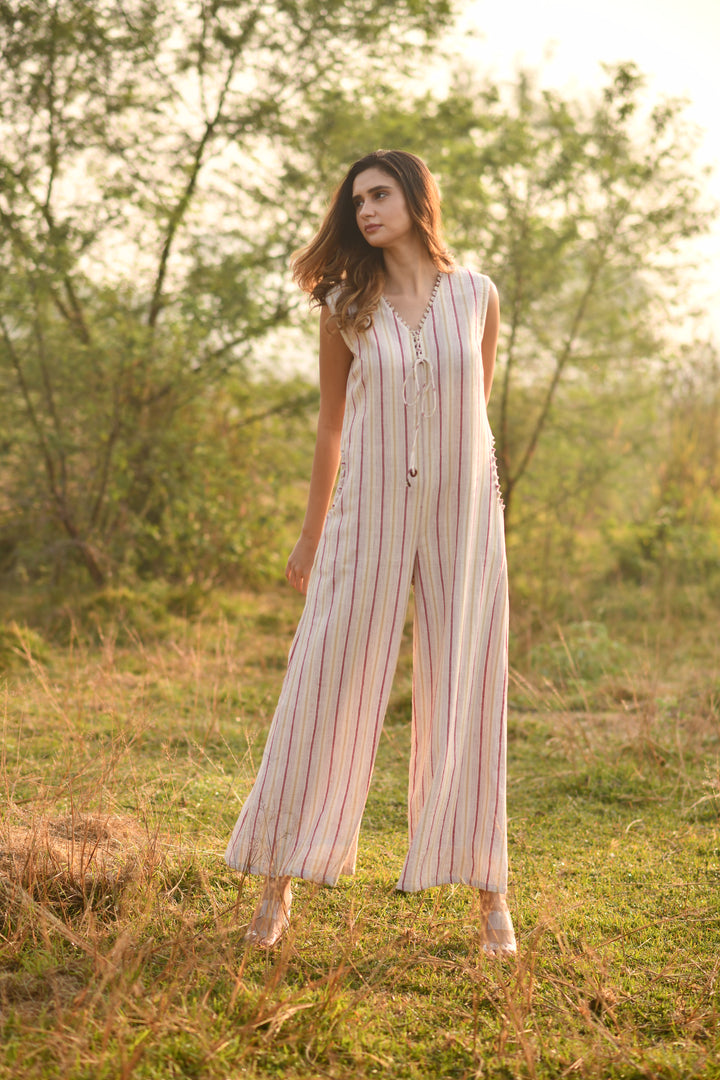 Cream-Rosewood Stripes Organic Kala Cotton Jumpsuit