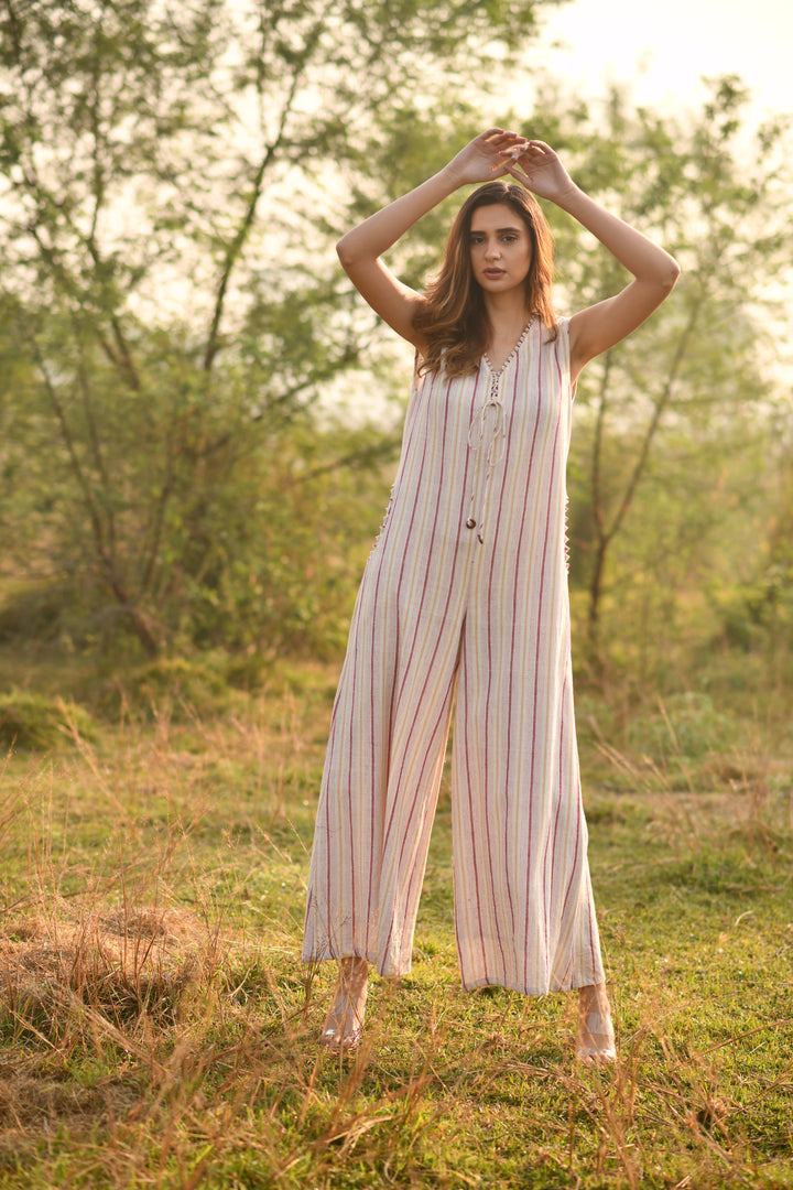 Cream-Rosewood Stripes Organic Kala Cotton Jumpsuit