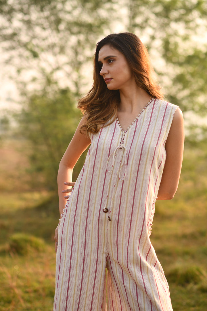 Cream-Rosewood Stripes Organic Kala Cotton Jumpsuit