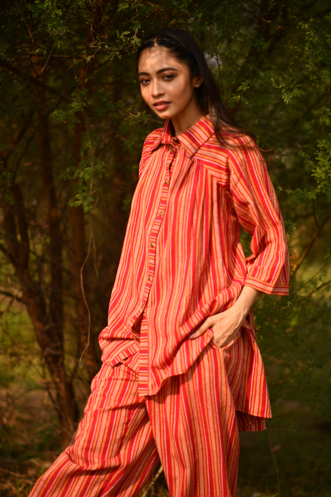 Maroon-Mustard Stripes Organic Kala Cotton Shirt