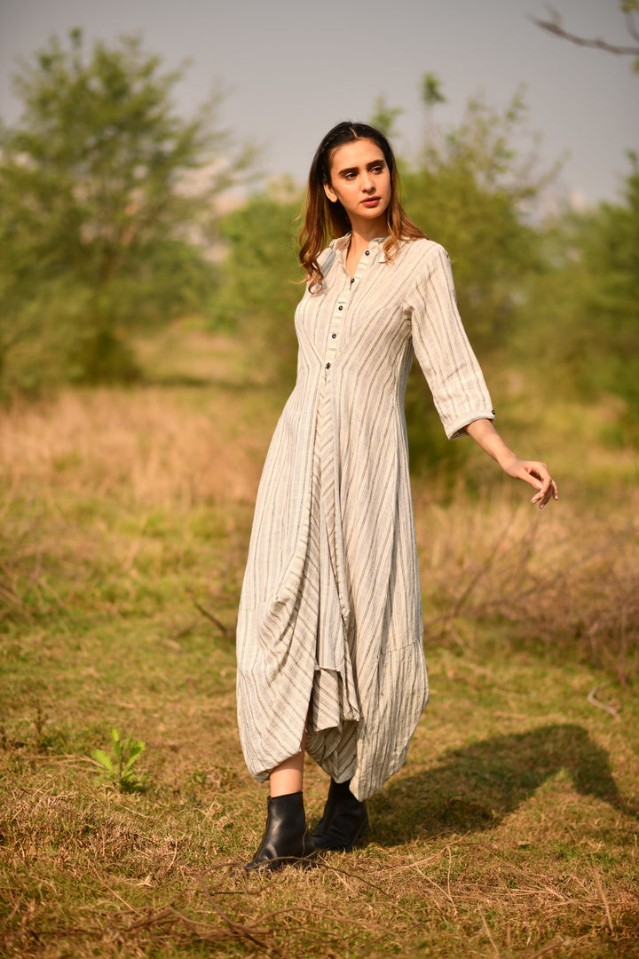 Grey Stripes Organic Kala Cotton Dhoti Dress