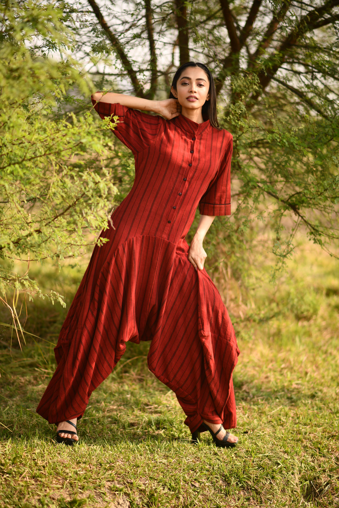 Maroon Stripes Organic Kala Cotton Inverted U Jumpsuit