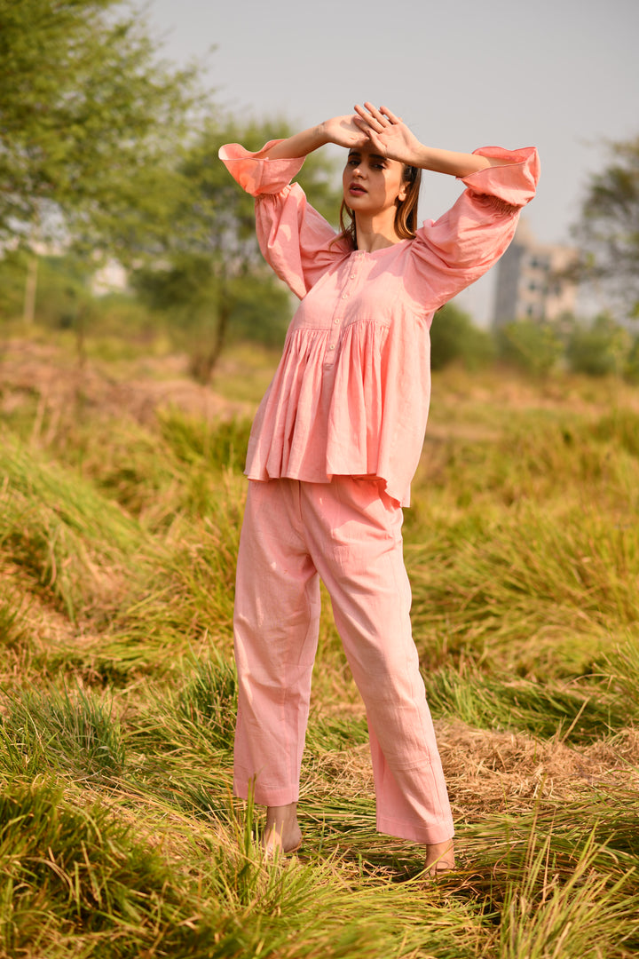 Natural Dyed Baby Pink Organic Kala Cotton Frill Co-ord Set