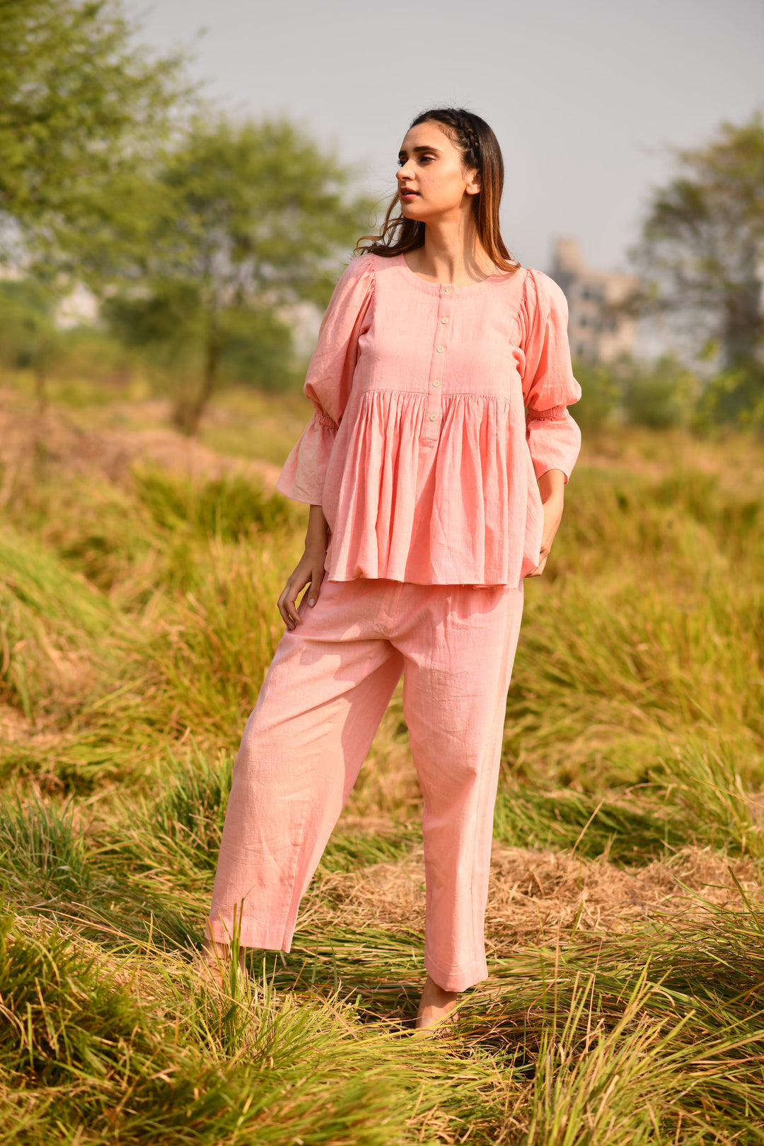 Natural Dyed Baby Pink Organic Kala Cotton Frill Co-ord Set