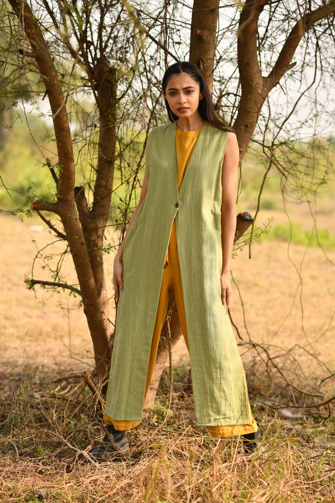 Haldi Yellow Green Illusion Organic Kala Cotton Jumpsuit